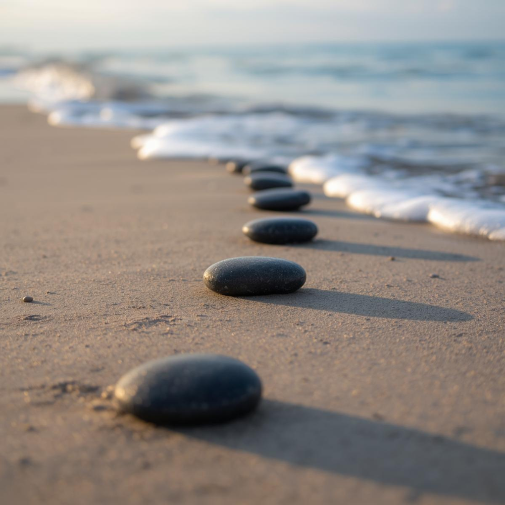 Pebble stones on sandy beach shoreline at sunset – calm coastal scene